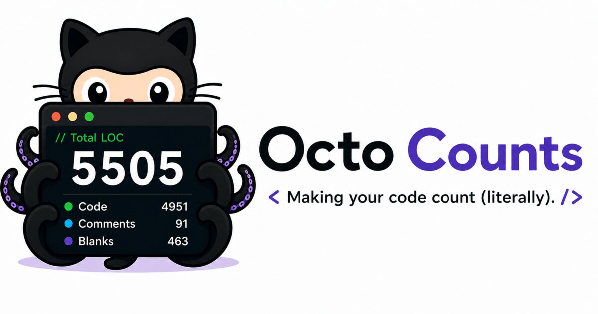 OctoCounts mascot next to a terminal card reading Total LOC 5,505 with Code, Comments, and Blanks counts, and the tagline: Making your code count (literally).
